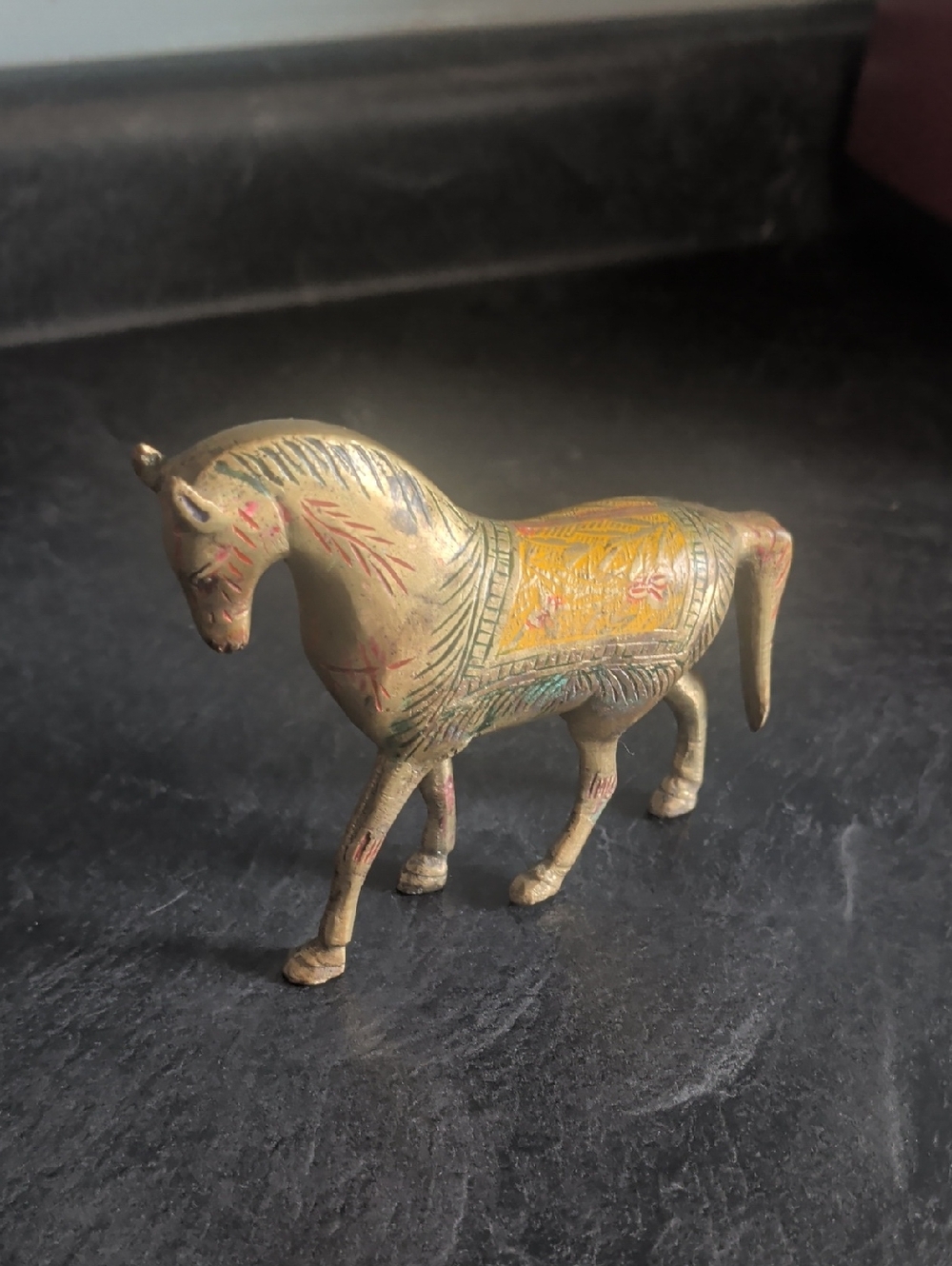 Hand-Painted Brass Horse Figurine in Antique Gold
